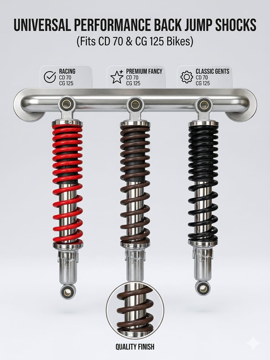 Ultimate Performance Universal Back Jump Shocks (Pair) - Premium Chrome & Heavy-Duty Spring Suspension - Fits CD 70 & CG 125 - VIP Edition