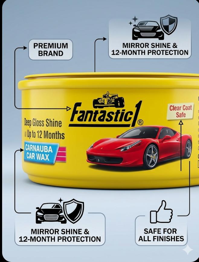 Fantastic 1 Carnauba Car Wax - Premium High Gloss Mirror Shine & Paint Protection - Professional Paste Wax for Cars & Motorcycles (Free Sponge Included)