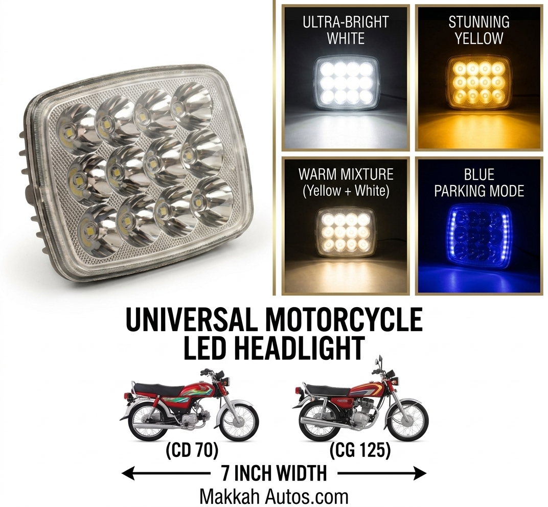 Universal VIP Triple-Beam LED Headlight for CD 70 & CG 125 – White, Yellow & Warm Modes with Blue Parking Light