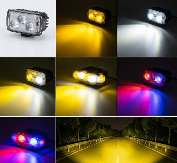 3-Lens LED Motorcycle Fog Light – Multi-Mode White, Yellow, Red & Blue Flasher #MakkahAutos #MotorcycleLED #BikeAccessories #FogLight #LEDStrobe