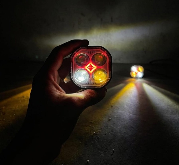 4-Lens Multi-Mode LED Auxiliary Light – Yellow Fog, White Driving, & Red Parking Function #SSCAuto #LEDLighting #BikeModification #VehicleSafety #HighPerformanceLED